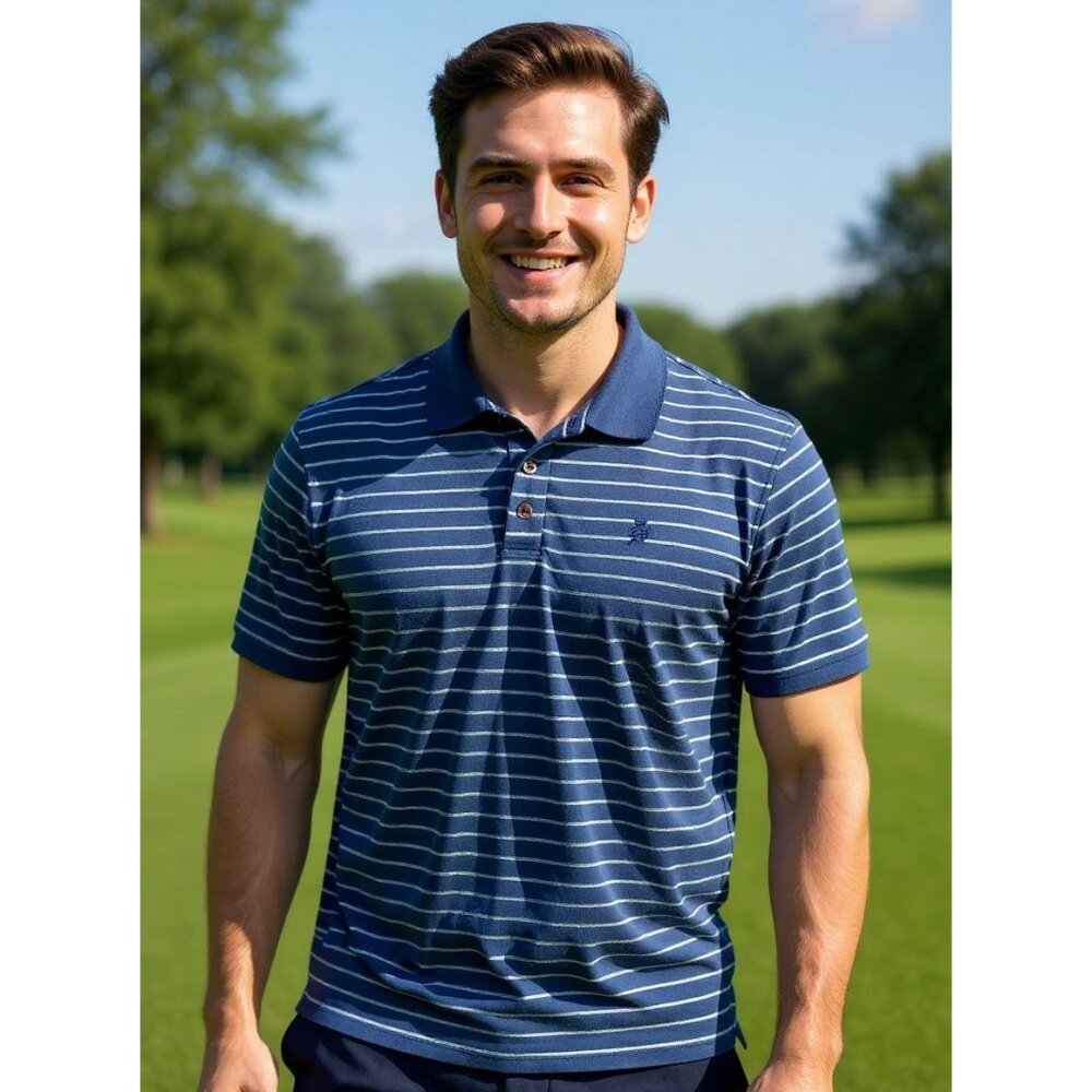 Izod Mens Advantage‎ Polo Shirt Blue Striped Collared Short Sleeve Size L